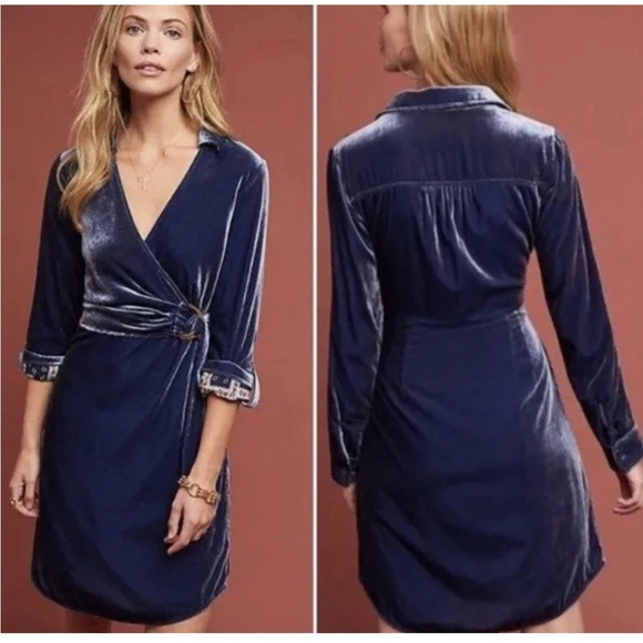 Anthropologie Dresses & Skirts - Anthropologie Maeve NWT Deep Blue Velvet Wrap dress size 10 M